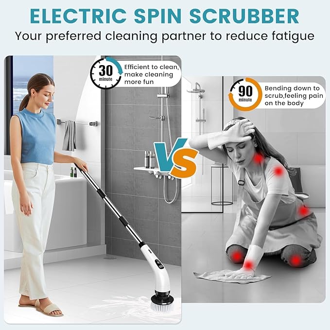 Electric Spin Scrubber with 9 Brush Heads for Deep Cleaning