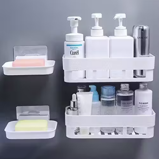 Multipurpose Wall Mount Bathroom Shelf with Soap Dish & Organizer Set (Pack of 2)